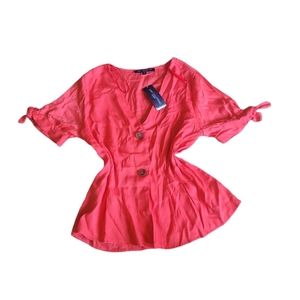 New One Clothing Las Angeles Womens Salmon Pink Tie Sleeve Button Up Top Size M.